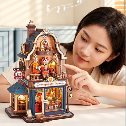 Bear Toy Shop Building Blocks 305 Pcs LED Light Music,3D Wooden Puzzles for Adults, Kids Gift Birthday Present Room Decor