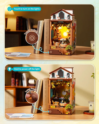 Sunset Isle DIY Book Nook 3D Wooden Puzzle Coastal Restaurant Terrace Front View Layered Scene Home Decor for Adults
