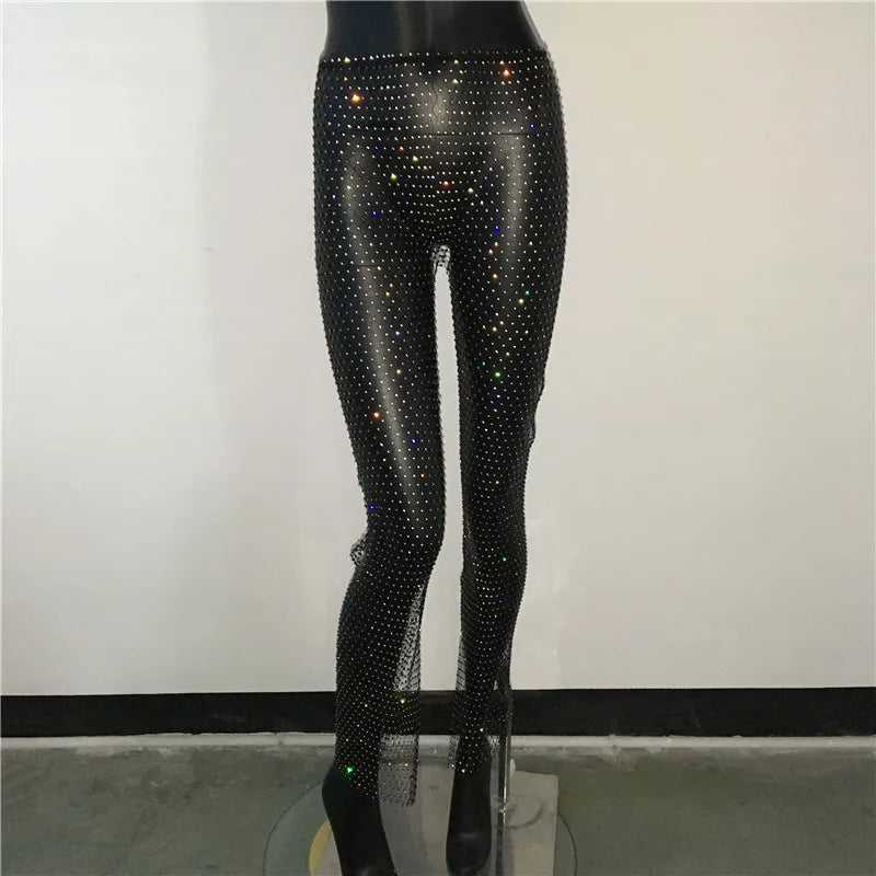 Sexy Y2K Streetwear Fishnet Rhinestone Pants Women Clothing See through Club Party Pants Vintage Clothes Wide Leg Pants Trousers