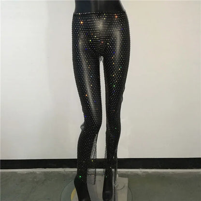 Sexy Y2K Streetwear Fishnet Rhinestone Pants Women Clothing See through Club Party Pants Vintage Clothes Wide Leg Pants Trousers