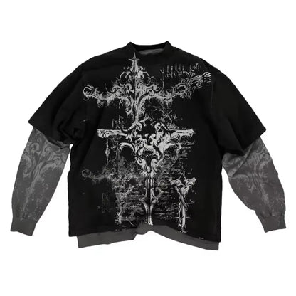 Y2K American Skull Pattern Long Sleeved T Shirt Fashion round Neck Oversized T Shirt New Mens Womens Casual Gothic Clothing Tops