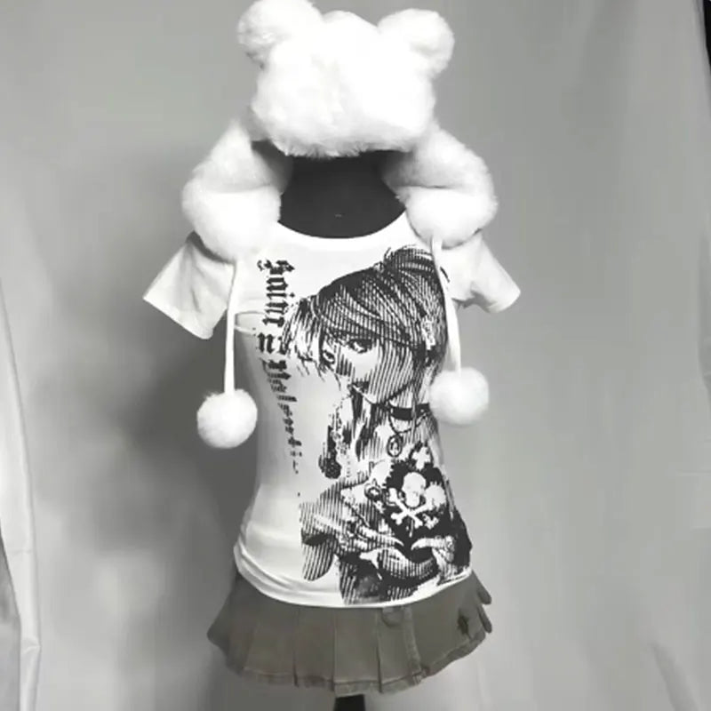 Y2K Anime Streetwear O-Neck 90S Text Printing Tops Women Harajuku Clothes Simple Vintage Crop Tee Aesthetic Emo Casual T-Shirt