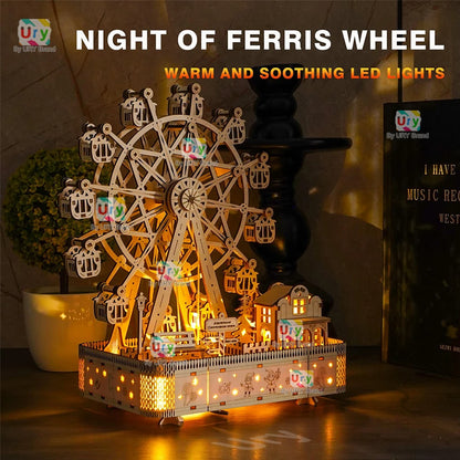 3D Wooden Puzzles Led Rotatable Ferris Wheel Music Octave Box Model Mechanical Kit Assembly Decor DIY Toy Gift for Kid Adult