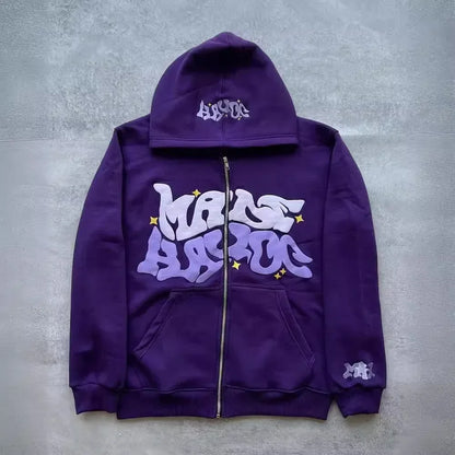 Hooded Zipper Hoodie with Retro American-Style Letters, Unisex, Suitable for Pairing with a Millennial-Style Jacket