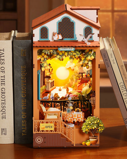 Sunset Isle DIY Book Nook 3D Wooden Puzzle Coastal Restaurant Terrace Front View Layered Scene Home Decor for Adults