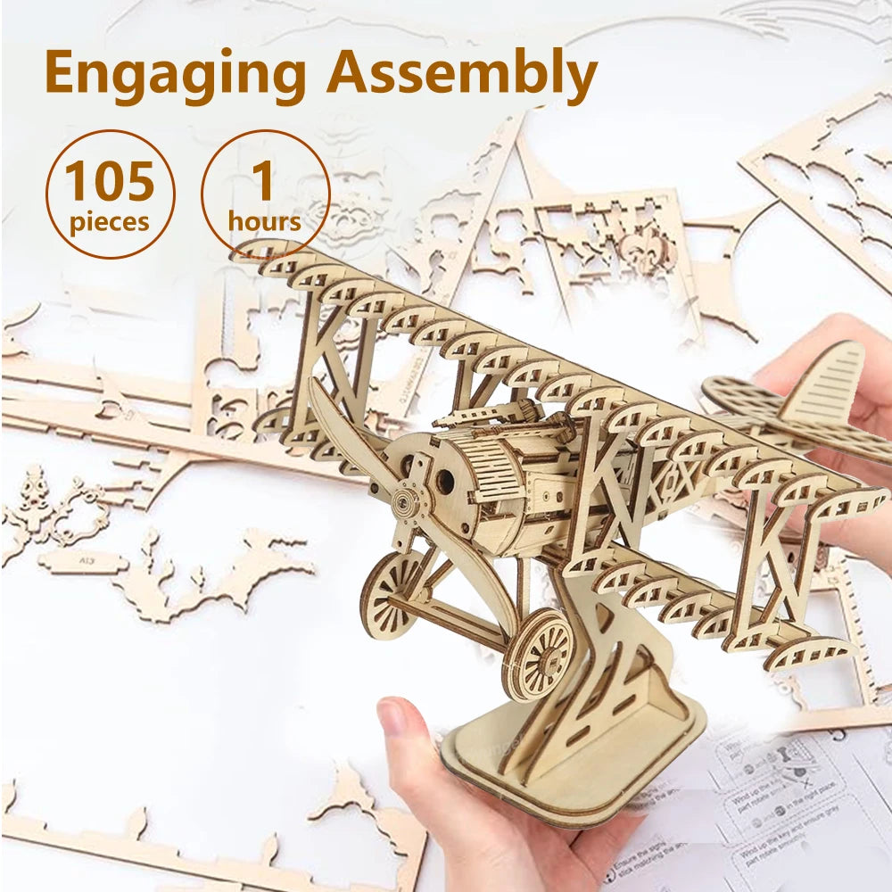 3D Wooden Puzzle Aircraft Model Kit DIY Assembly Bi-Plane Building Kits Home Decor Crafts Gift for Adults Kids Teen