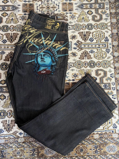 2000S Vintage Statue of Liberty Diamonds Jeans Casual Denim Pants High Waist Straight Wide Leg Jeans Harajuku Y2K Women Clothing