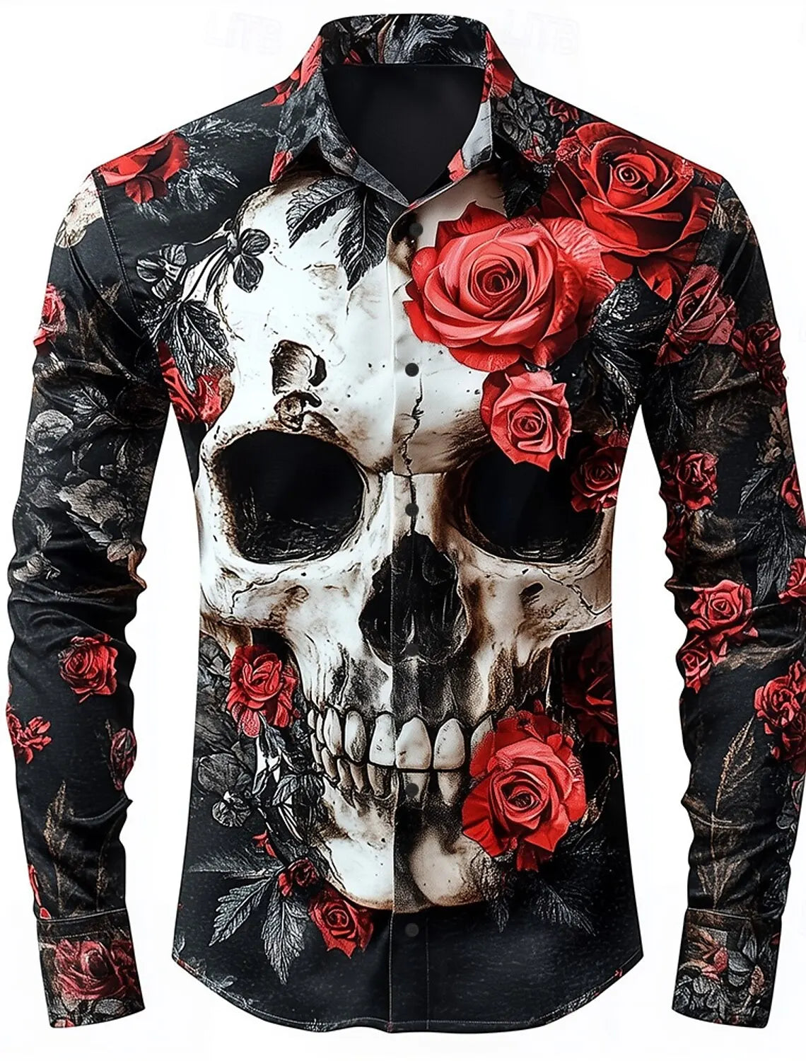 Men'S Skeleton Rose Skulls Shirt Button up Shirt Long Sleeve Dark Gothic Style Streetwear Turndown 3D Print Collared Shirts