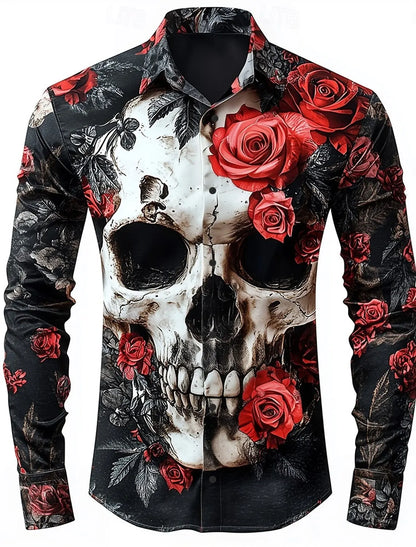 Men'S Skeleton Rose Skulls Shirt Button up Shirt Long Sleeve Dark Gothic Style Streetwear Turndown 3D Print Collared Shirts
