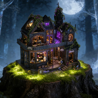 Book Nook Kit Castle of Magic Wooden DIY Dollhouse with Light Dynamic Music Bookshelf Insert 3D Puzzle Decor for Gift