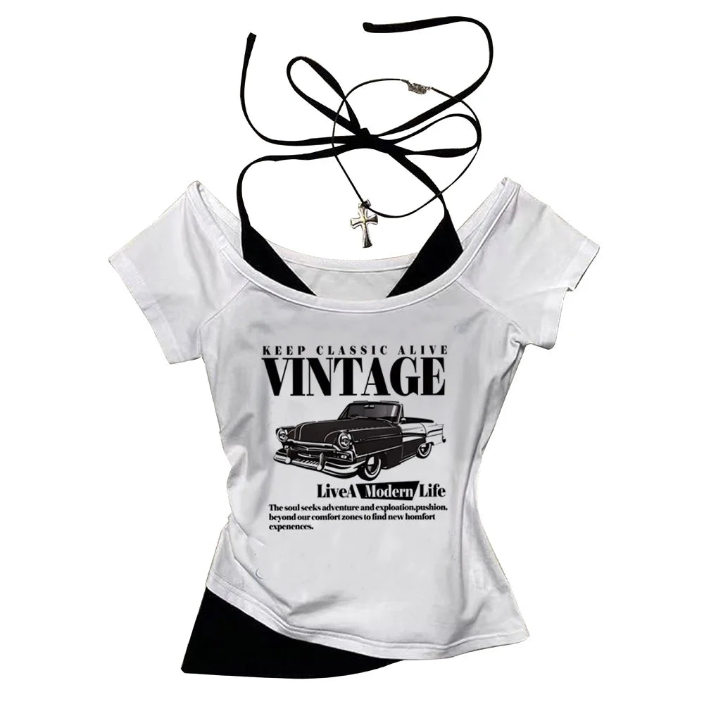 Vintage Car Retro Keep Classic Alive Cropped Girls Crop Top T Shirt Women'S Print Shirt T-Shirt Sexy Punk Y2K Shirt