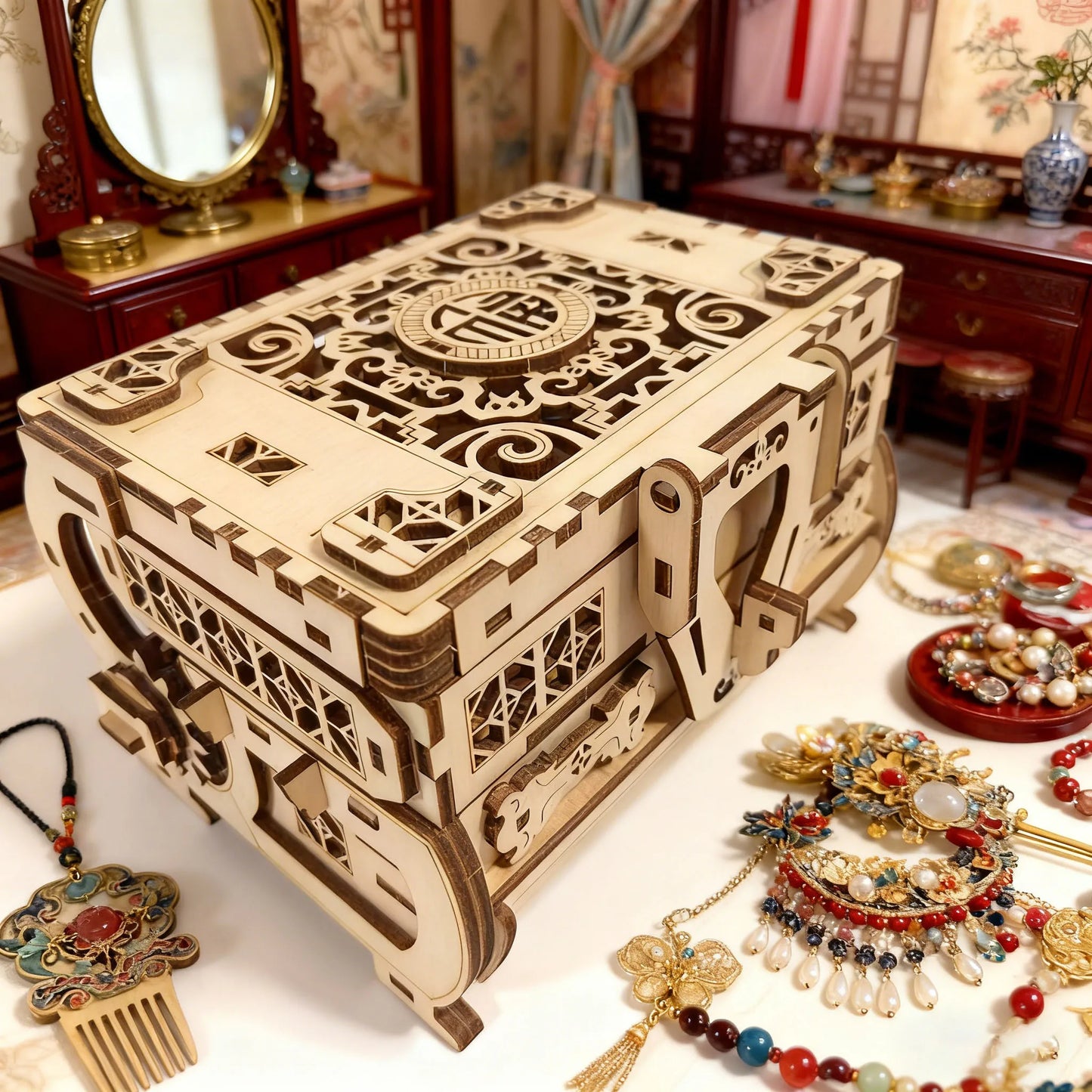 3D Puzzle Wooden Chinese-Style Jewellery Box Model Kit Creative DIY Three-Dimensional Puzzle Perfect as a Festive Gift