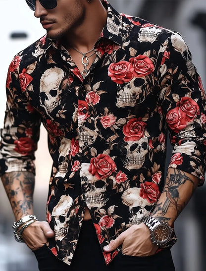 Men'S Skeleton Rose Skulls Shirt Button up Shirt Long Sleeve Dark Gothic Style Streetwear Turndown 3D Print Collared Shirts