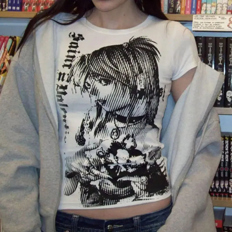 Y2K Anime Streetwear O-Neck 90S Text Printing Tops Women Harajuku Clothes Simple Vintage Crop Tee Aesthetic Emo Casual T-Shirt