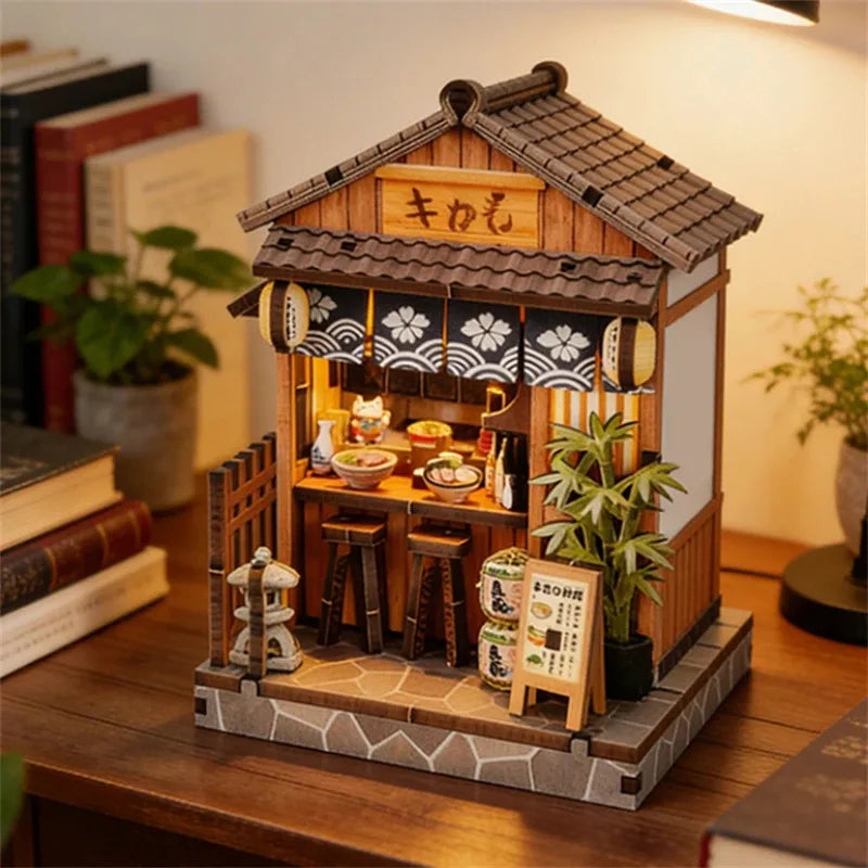 DIY Wooden Mini Casa Japanese Tavern Miniatures with Lights for Friends Birthday Gifts Home Decoration Crafts