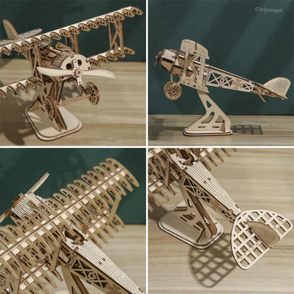 3D Wooden Puzzle Aircraft Model Kit DIY Assembly Bi-Plane Building Kits Home Decor Crafts Gift for Adults Kids Teen