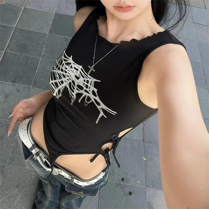 Summer Spider Web Print Tank Tops Aesthetic Hollow Out Bandage Punk Vest Irregular Women Causal Basic Y2K Streetwear Crop Top