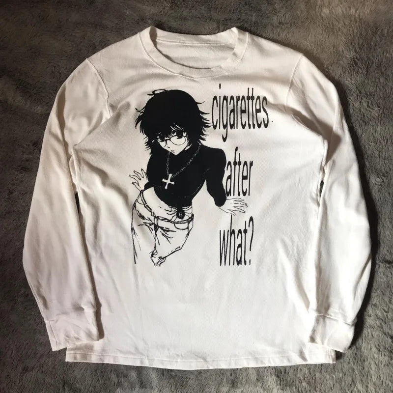 Women Retro Cute Harajuku Slim Fit Tops Lady White Casual T-Shirts Girls Letter Anime Print Long Sleeve Clothes