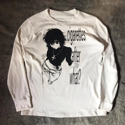 Women Retro Cute Harajuku Slim Fit Tops Lady White Casual T-Shirts Girls Letter Anime Print Long Sleeve Clothes