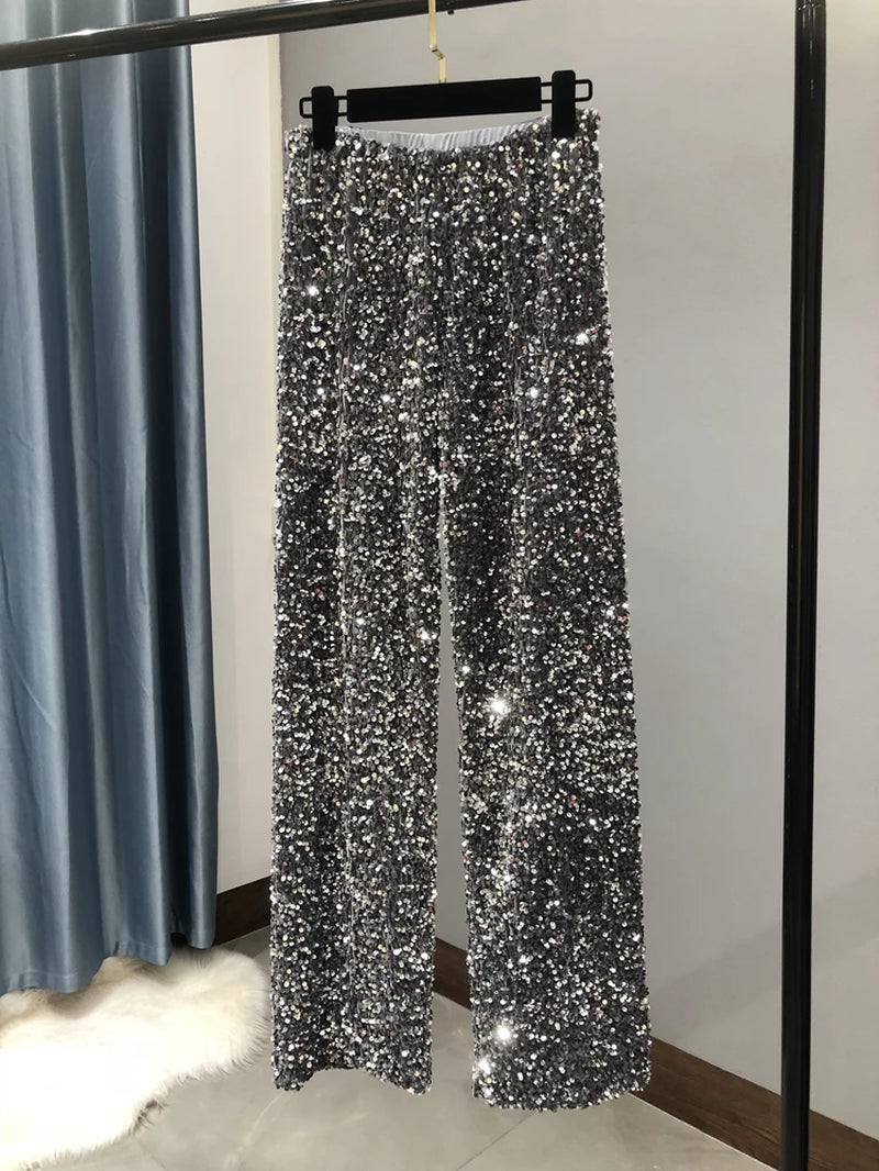The New Women'S Fashion Trendy Sparkling Gold Pants Relaxation of Tall Waist Wide-Legged Pants Women'S South Korean Style