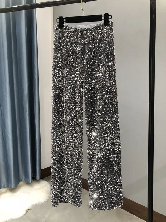 The New Women'S Fashion Trendy Sparkling Gold Pants Relaxation of Tall Waist Wide-Legged Pants Women'S South Korean Style