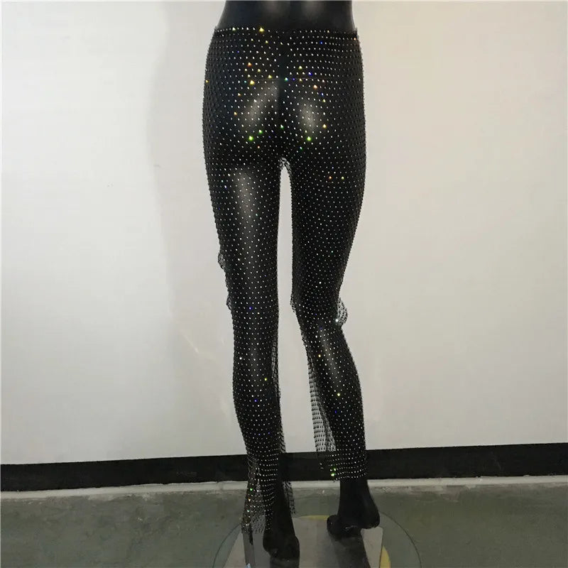 Sexy Y2K Streetwear Fishnet Rhinestone Pants Women Clothing See through Club Party Pants Vintage Clothes Wide Leg Pants Trousers