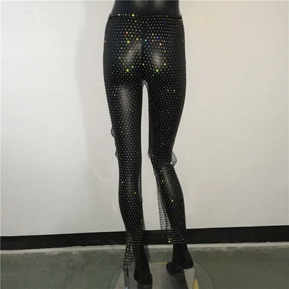 Sexy Y2K Streetwear Fishnet Rhinestone Pants Women Clothing See through Club Party Pants Vintage Clothes Wide Leg Pants Trousers