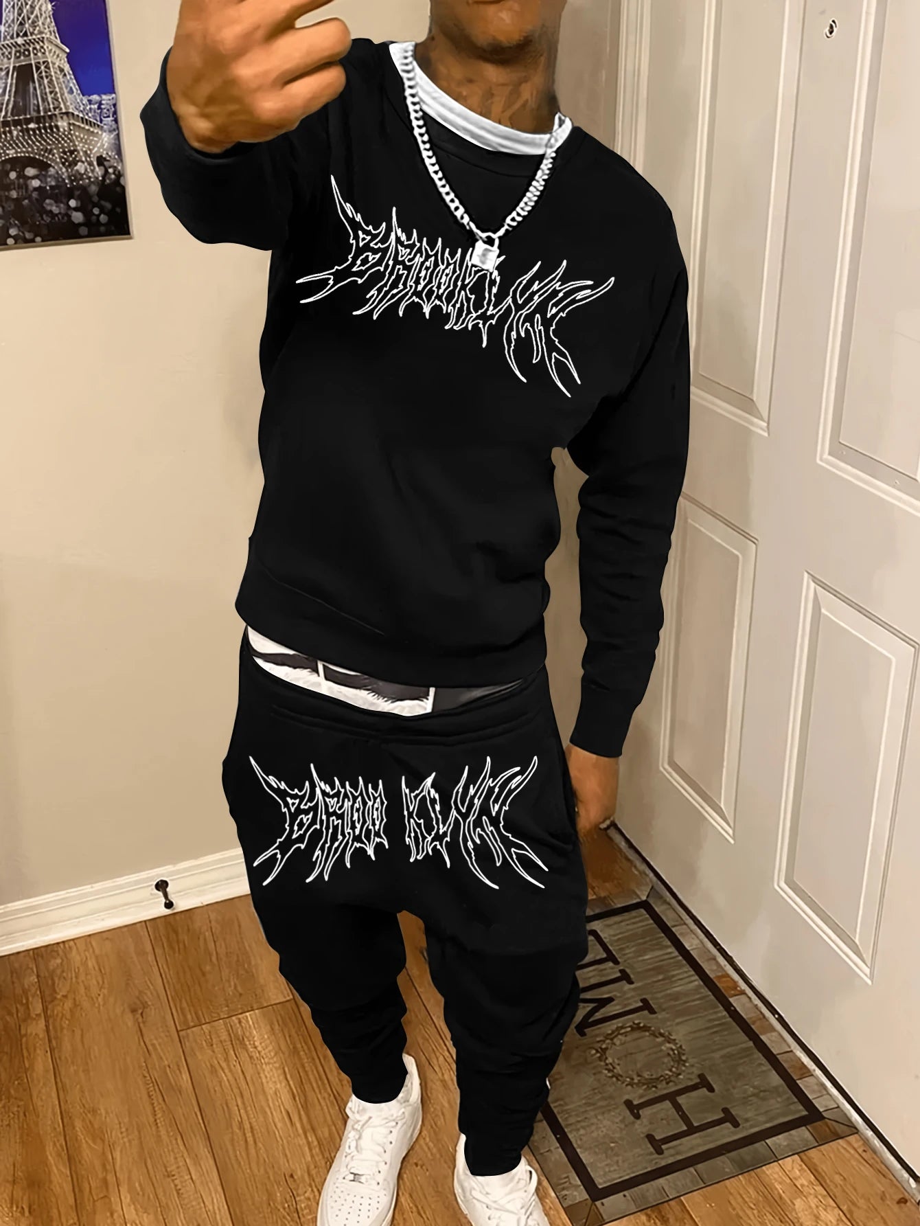 Autumn Trendy New Sweatshirt Sweatpants Set Men'S Daily Loose Casual Fit Printed Hundred Long Sleeve Sweatshirt 2 Piecesset