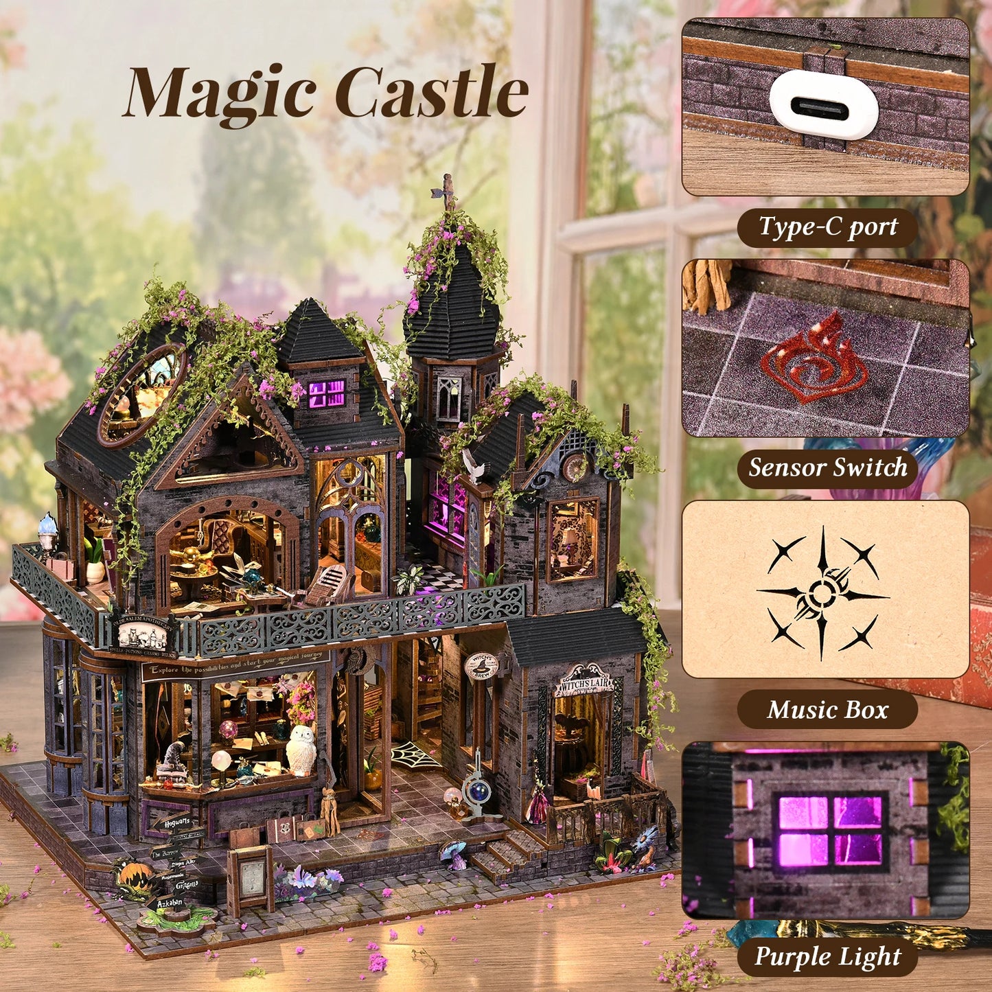 Book Nook Kit Castle of Magic Wooden DIY Dollhouse with Light Dynamic Music Bookshelf Insert 3D Puzzle Decor for Gift