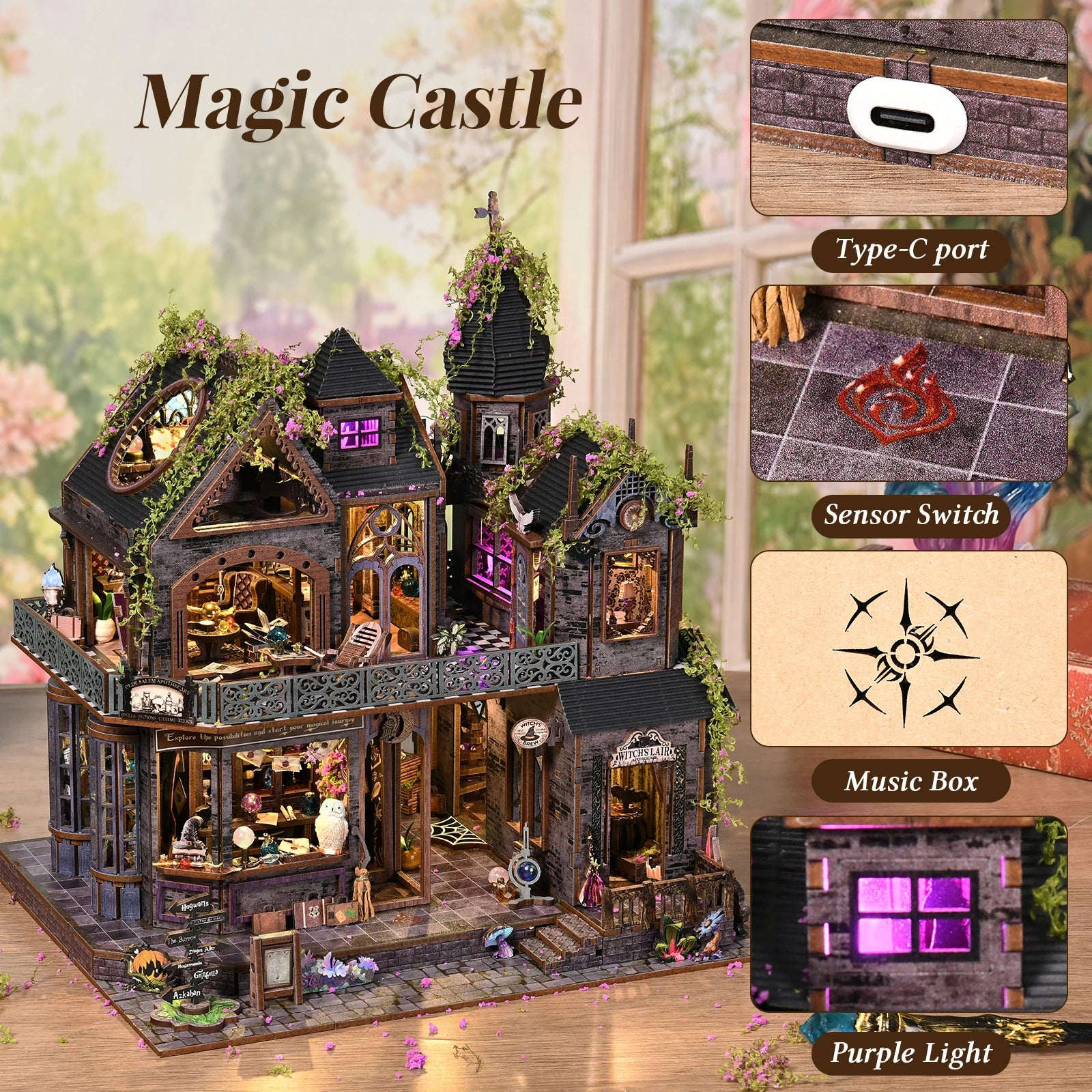 Book Nook Kit Castle of Magic Wooden DIY Dollhouse with Light Dynamic Music Bookshelf Insert 3D Puzzle Decor for Gift