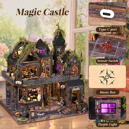 Book Nook Kit Castle of Magic Wooden DIY Dollhouse with Light Dynamic Music Bookshelf Insert 3D Puzzle Decor for Gift