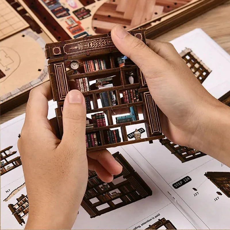 Retro DIY Wooden Dreamy Book Hall House Figurines Miniatures Kits with LED Lights Home Desk Decoration for Adult Handmade Gifts
