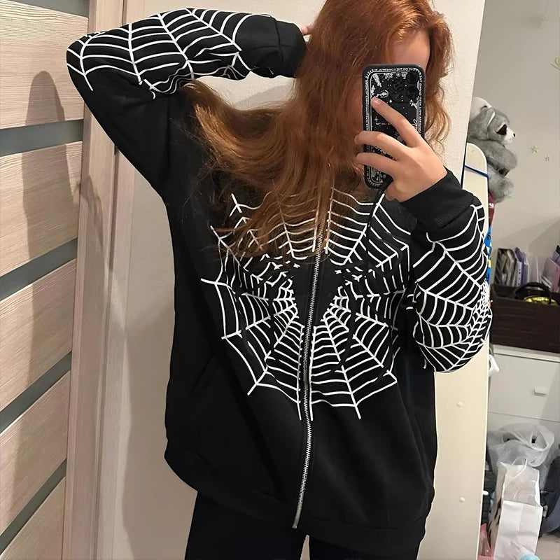 Y2K Rhinestone Skeleton Hoodies Women Gothic Black Zip up Oversized Sweatshirts Female Retro Harajuku Hooded Jackets Streetwear