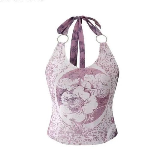 Gothic Print Halter Tops Sleeveless Lace up Crop Tops Y2K Vintage Tank Tops 2000S Japanese Fairycore Streetwear Summer