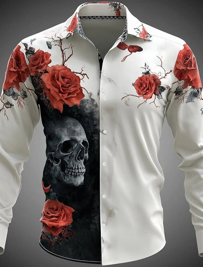 Men'S Skeleton Rose Skulls Shirt Button up Shirt Long Sleeve Dark Gothic Style Streetwear Turndown 3D Print Collared Shirts