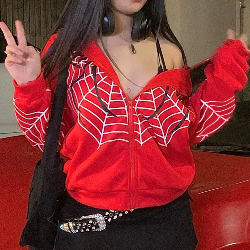 Y2K Rhinestone Skeleton Hoodies Women Gothic Black Zip up Oversized Sweatshirts Female Retro Harajuku Hooded Jackets Streetwear