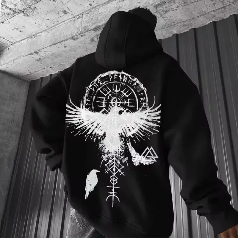 2025 Totem Viking Eagle Print Y2K Men Long-Sleeve Hooded Sweatshirt Autumn Winter Daily Outdoor Casual Street Fashion Sportswear