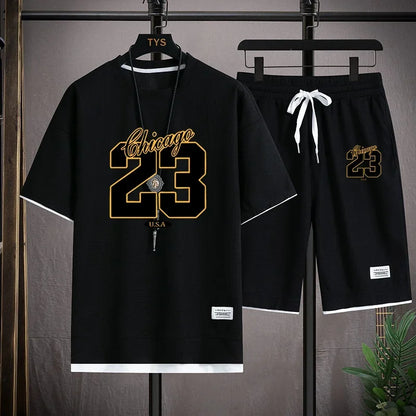 High Quality Men'S Korea Comfortable and Summer Fashion Print Sports Suit Fitness Jogging Daily Casual Wear Beach Shorts Set