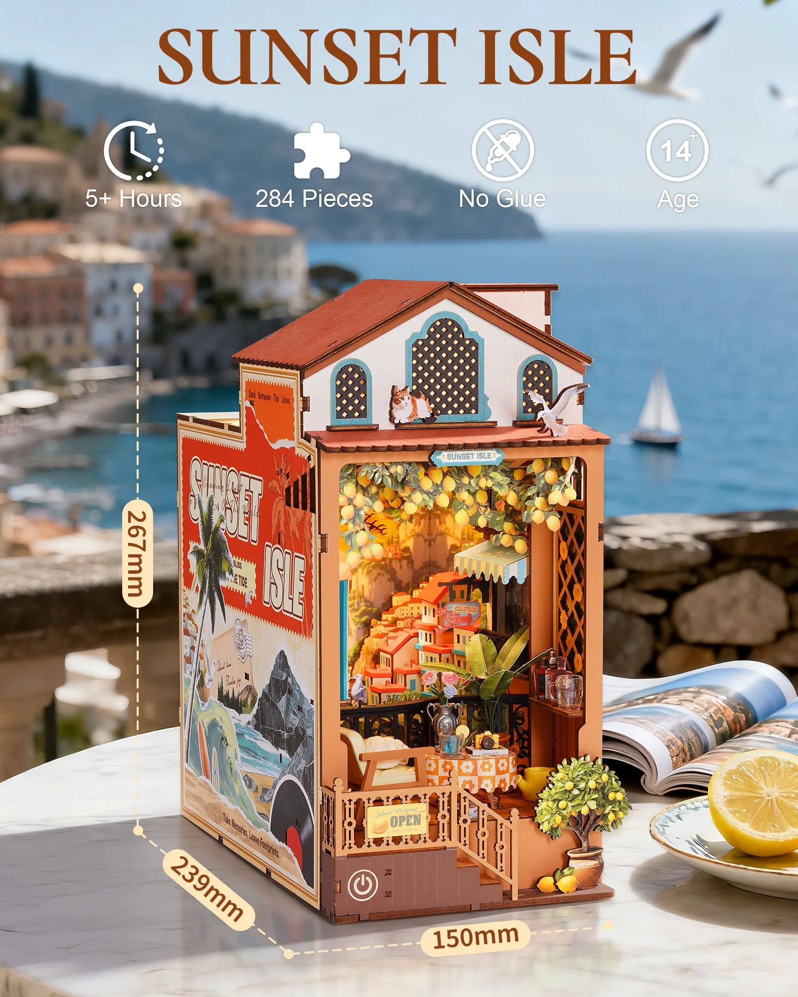 Sunset Isle DIY Book Nook 3D Wooden Puzzle Coastal Restaurant Terrace Front View Layered Scene Home Decor for Adults