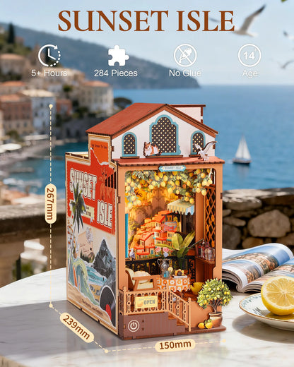 Sunset Isle DIY Book Nook 3D Wooden Puzzle Coastal Restaurant Terrace Front View Layered Scene Home Decor for Adults