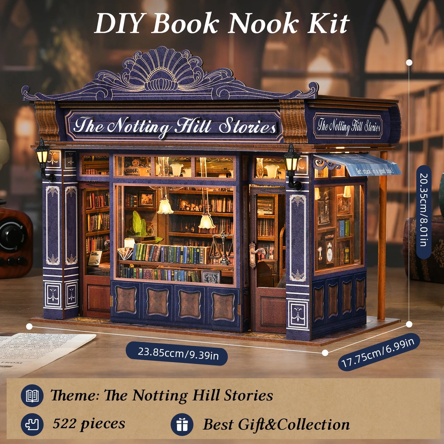 DIY Book Nook Kit Notting Hill Bookstore Wooden Bookshop Dollhouse with Light Bookshelf Insert 3D Puzzle Decor for Gift