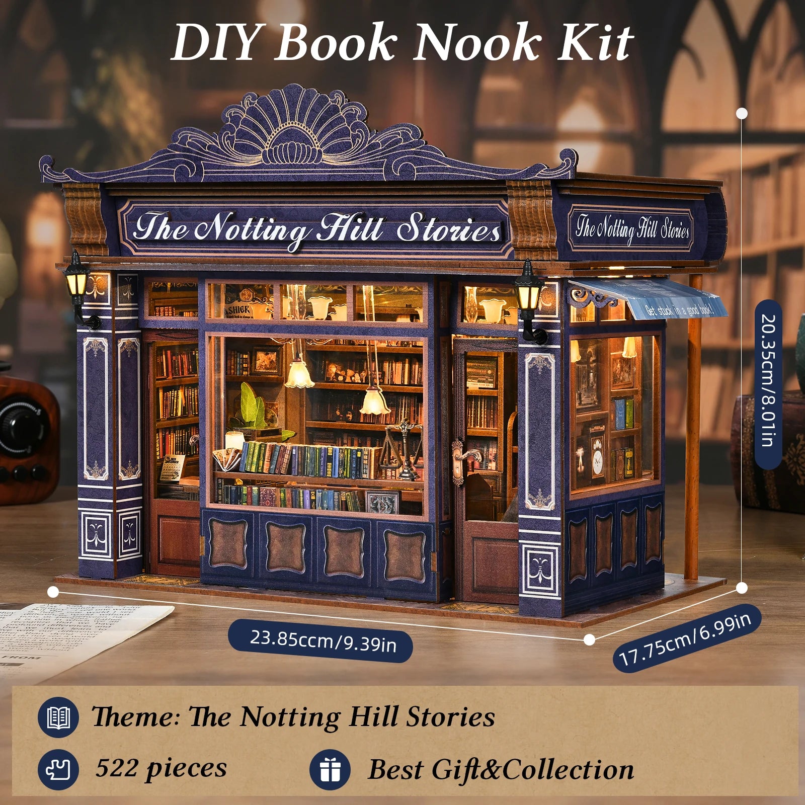 DIY Book Nook Kit Notting Hill Bookstore Wooden Bookshop Dollhouse with Light Bookshelf Insert 3D Puzzle Decor for Gift