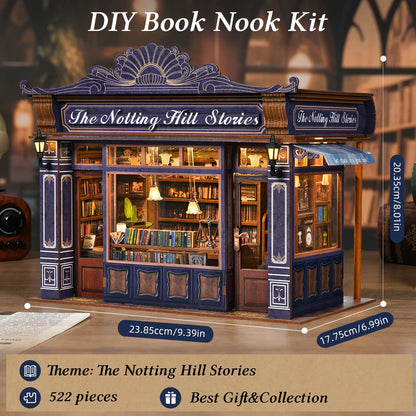 DIY Book Nook Kit Notting Hill Bookstore Wooden Bookshop Dollhouse with Light Bookshelf Insert 3D Puzzle Decor for Gift