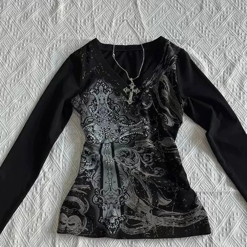 Women'S Hip Hop 90S Vintage Punk T-Shirt Autumn Streetwear Sexy Short Sleeve Gothic Slim Crop Top Hotgirl Casual Femme Tee Y2K