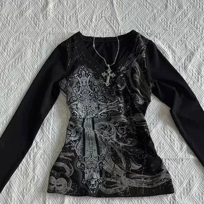 Women'S Hip Hop 90S Vintage Punk T-Shirt Autumn Streetwear Sexy Short Sleeve Gothic Slim Crop Top Hotgirl Casual Femme Tee Y2K