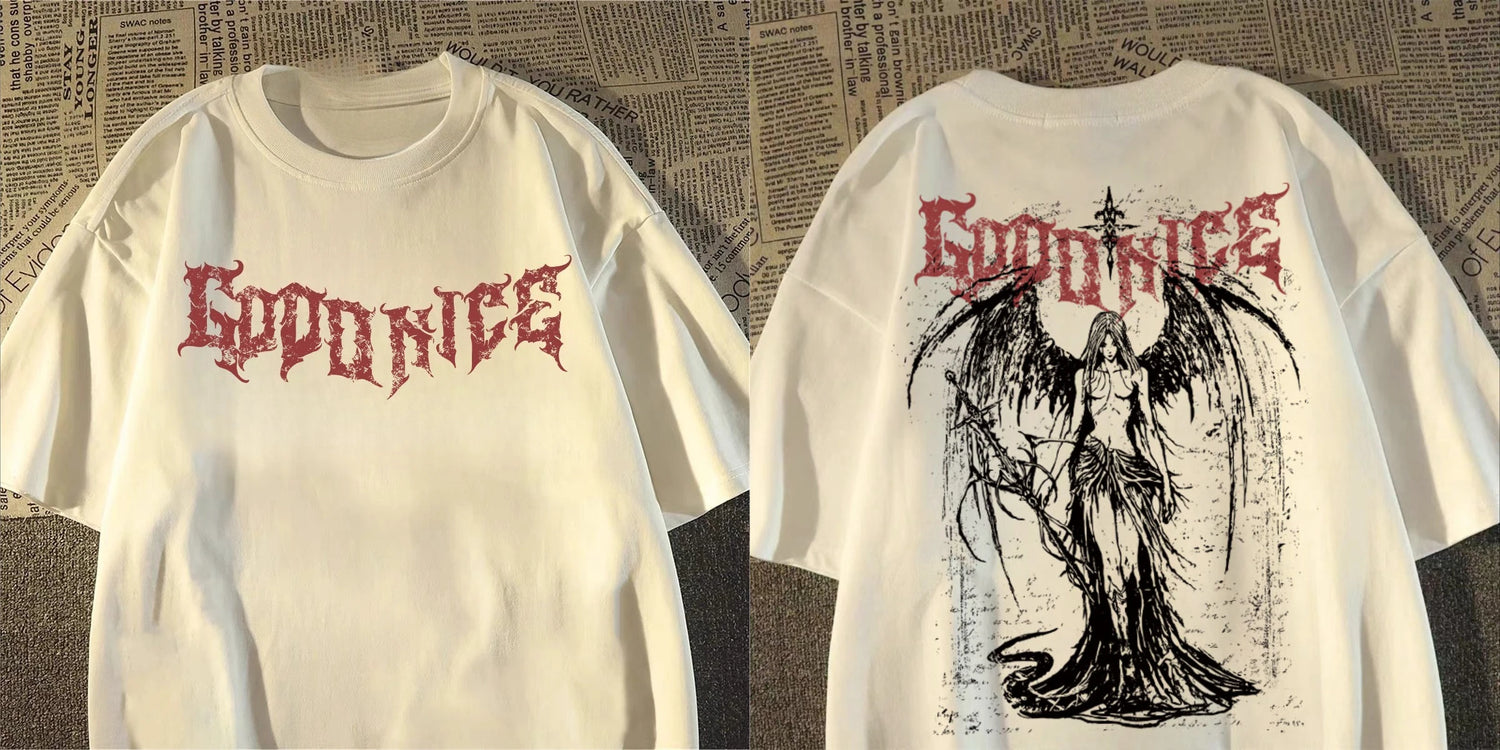 2025 New Heavy Short-Sleeved T-Shirt American Retro Sword-Wielding Angel Printed Short-Sleeved Men'S and Women'S Loose Top