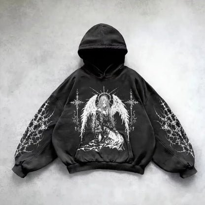 Retro Gothic Graphic Print Hip Hop Hoodie for Men Y2K Grunge Punk Casual Loose Pullover Women Streetwear Sweatshirt Hoodies