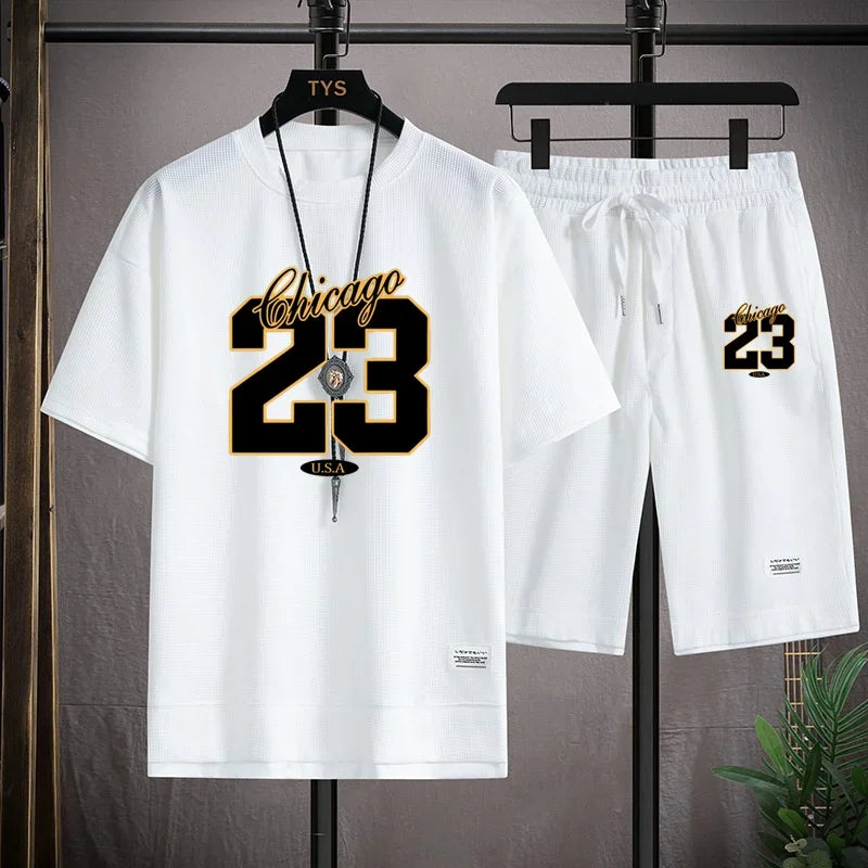 High Quality Men'S Korea Comfortable and Summer Fashion Print Sports Suit Fitness Jogging Daily Casual Wear Beach Shorts Set