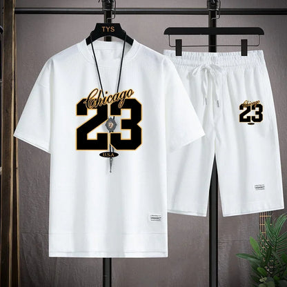 High Quality Men'S Korea Comfortable and Summer Fashion Print Sports Suit Fitness Jogging Daily Casual Wear Beach Shorts Set
