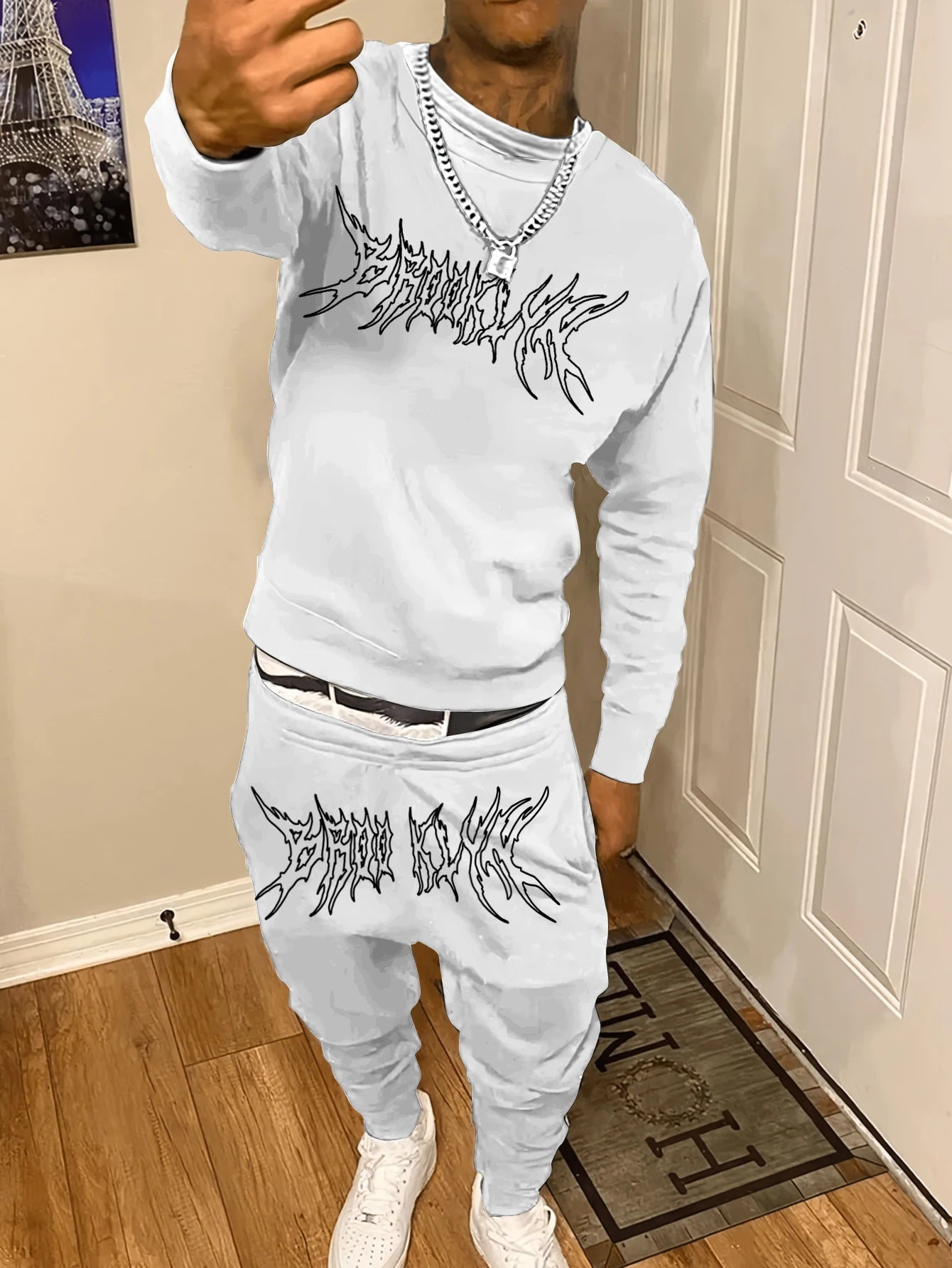 Autumn Trendy New Sweatshirt Sweatpants Set Men'S Daily Loose Casual Fit Printed Hundred Long Sleeve Sweatshirt 2 Piecesset
